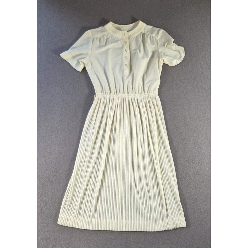 Vintage Leslie Fay Dress Womens Small Sheer Pleated Short Sleeve Petite 80s
